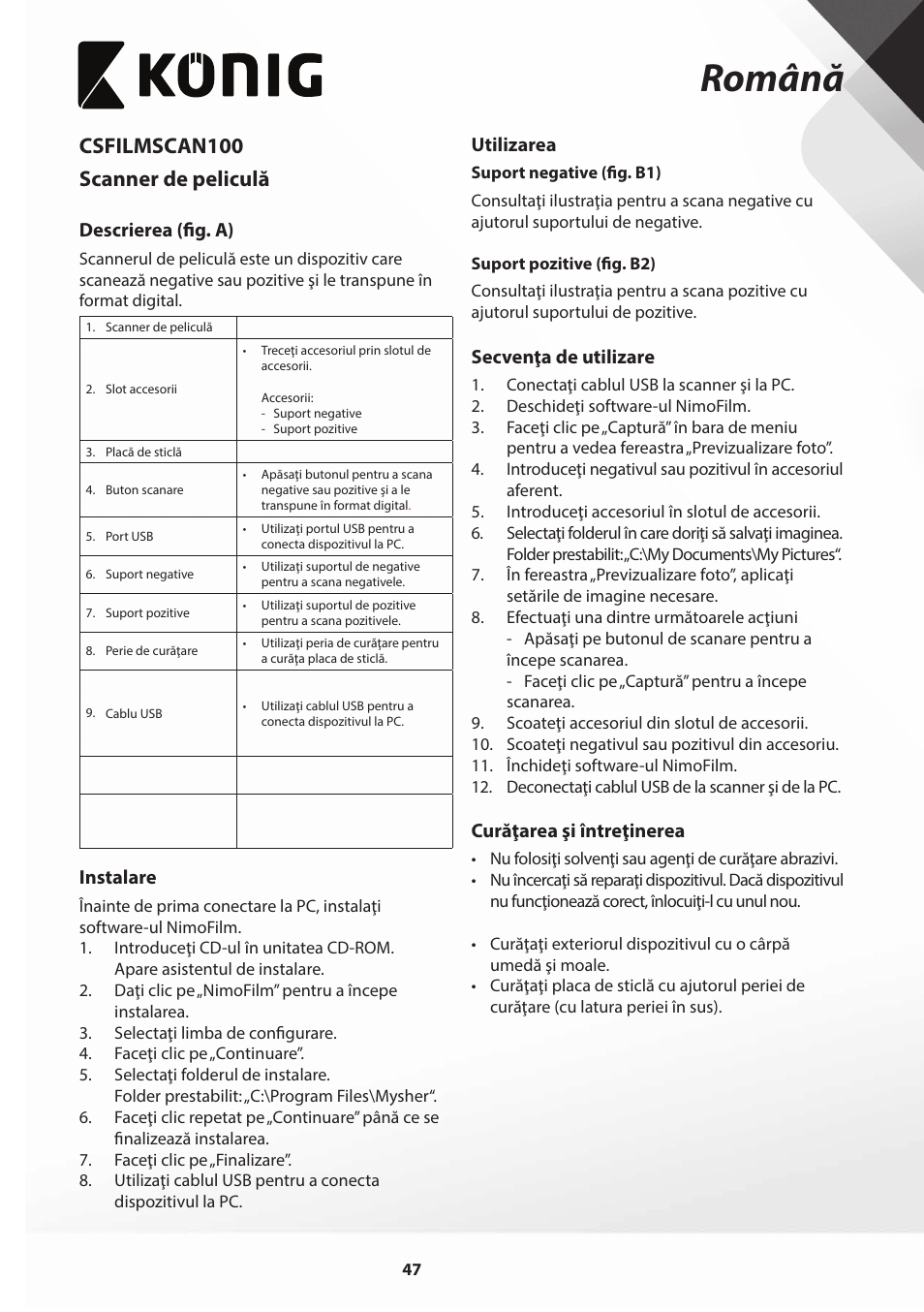 Română, Csfilmscan100 scanner de peliculă | Konig Electronic Film scanner 2 megapixel User Manual | Page 47 / 56
