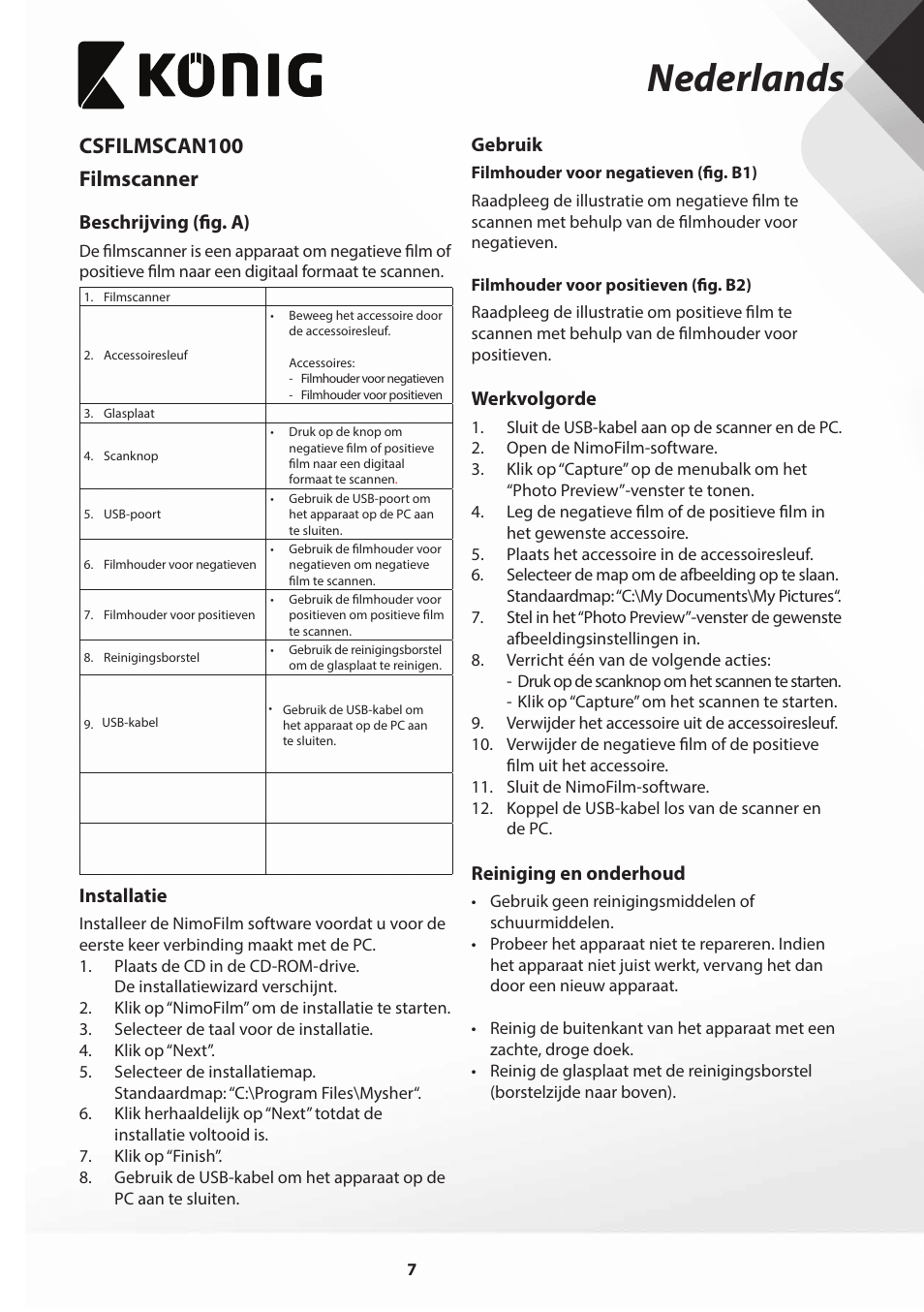 Nederlands, Csfilmscan100 filmscanner | Konig Electronic Film scanner 2 megapixel User Manual | Page 7 / 56