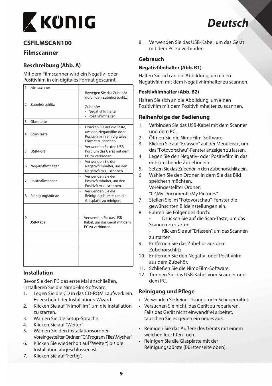 Deutsch, Csfilmscan100 filmscanner | Konig Electronic Film scanner 2 megapixel User Manual | Page 9 / 56