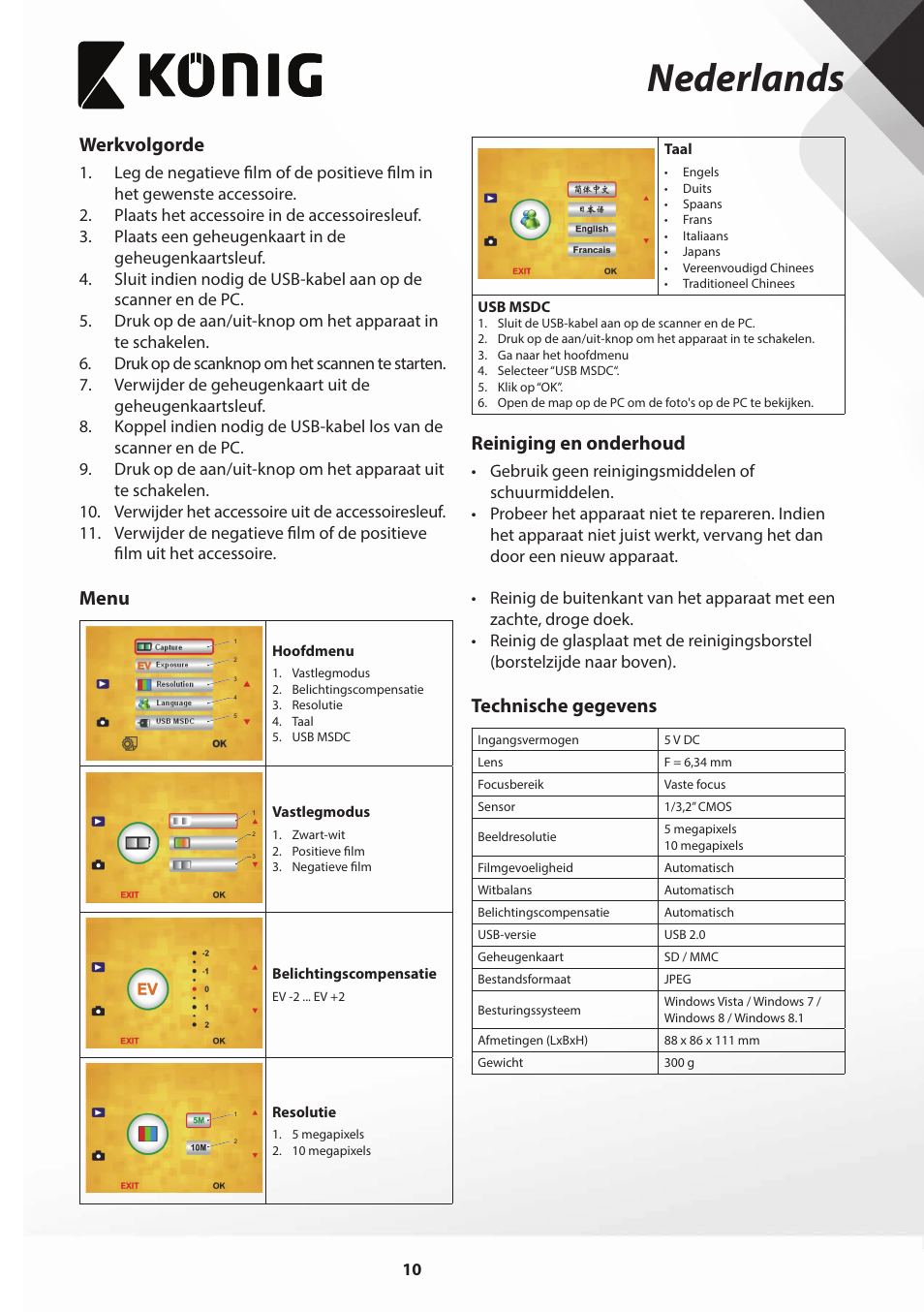 Nederlands, Werkvolgorde, Menu | Reiniging en onderhoud, Technische gegevens | Konig Electronic Film scanner with LCD 5 megapixel User Manual | Page 10 / 84