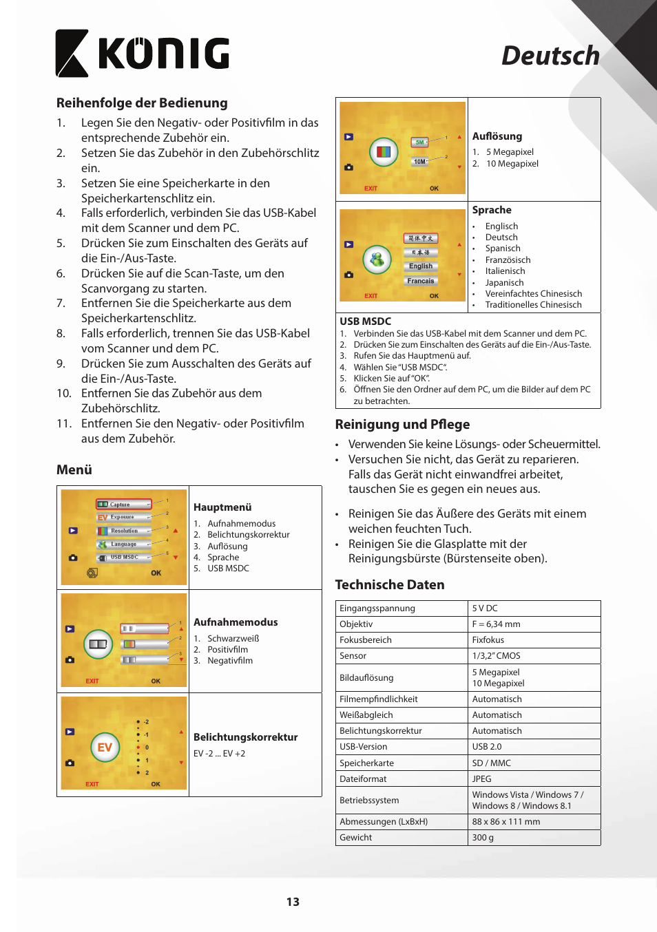 Deutsch, Reihenfolge der bedienung, Menü | Reinigung und pflege, Technische daten | Konig Electronic Film scanner with LCD 5 megapixel User Manual | Page 13 / 84