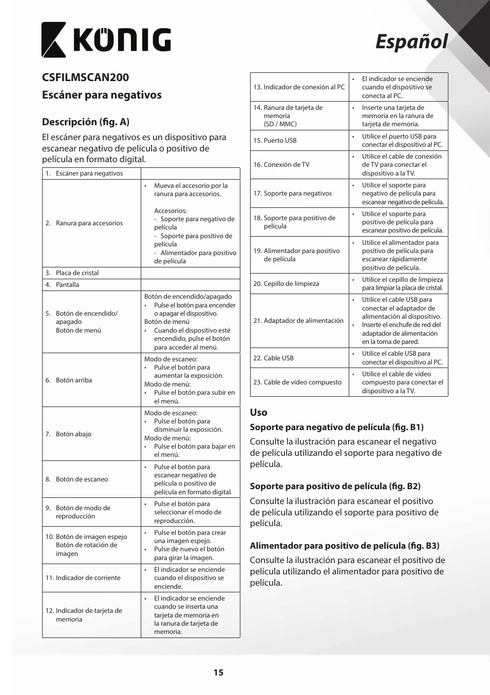 Español, Csfilmscan200 escáner para negativos, Descripción (fig. a) | Konig Electronic Film scanner with LCD 5 megapixel User Manual | Page 15 / 84