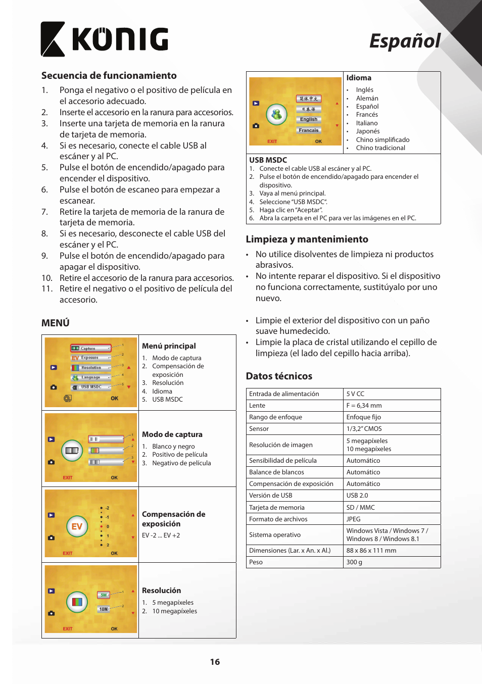 Español, Secuencia de funcionamiento, Menú | Limpieza y mantenimiento, Datos técnicos | Konig Electronic Film scanner with LCD 5 megapixel User Manual | Page 16 / 84