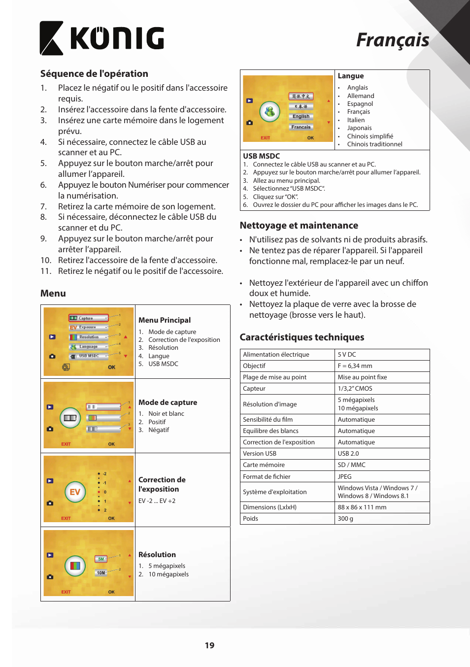 Français, Séquence de l'opération, Menu | Nettoyage et maintenance, Caractéristiques techniques | Konig Electronic Film scanner with LCD 5 megapixel User Manual | Page 19 / 84