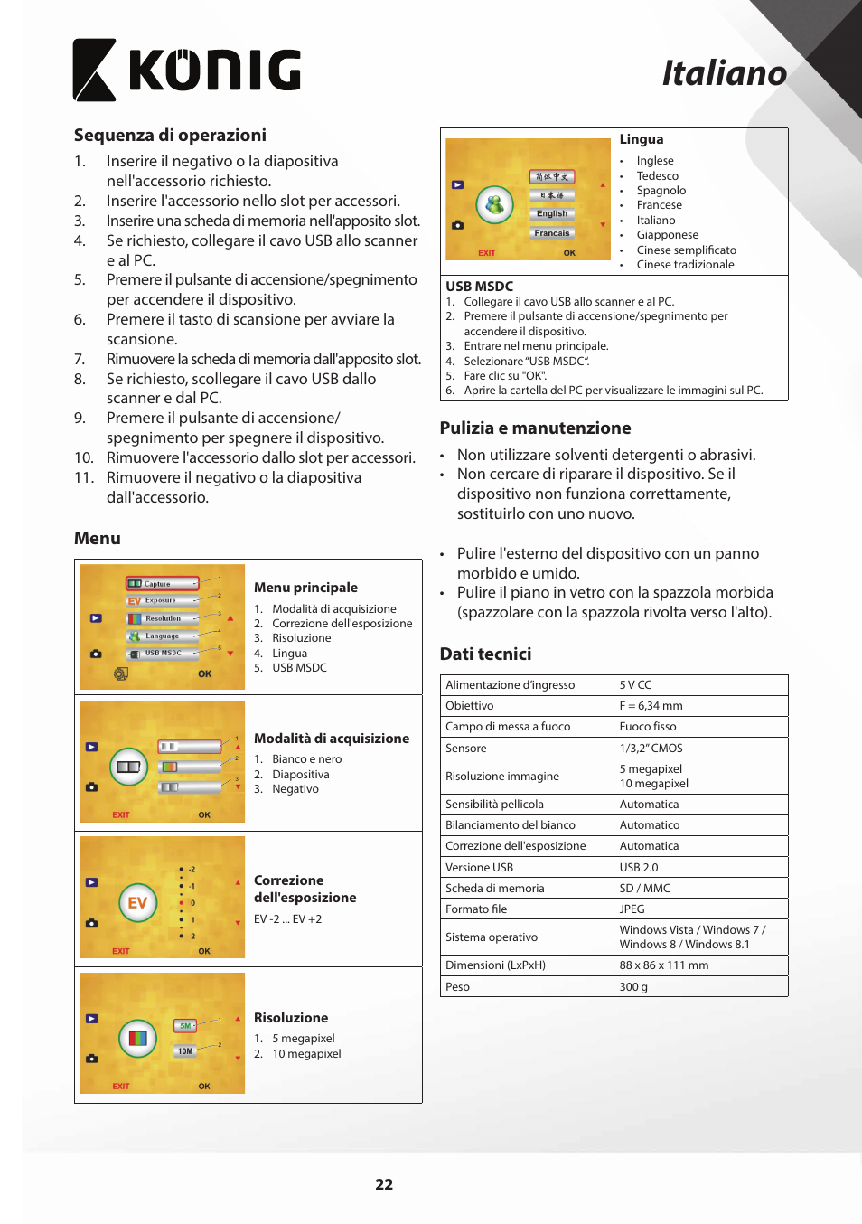 Italiano, Sequenza di operazioni, Menu | Pulizia e manutenzione, Dati tecnici | Konig Electronic Film scanner with LCD 5 megapixel User Manual | Page 22 / 84