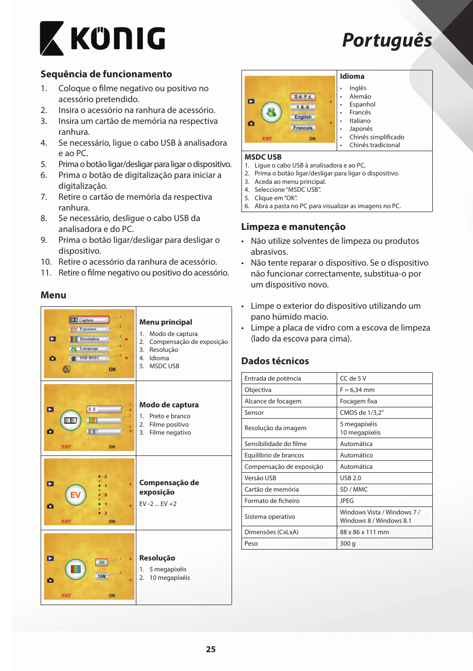 Português, Sequência de funcionamento, Menu | Limpeza e manutenção, Dados técnicos | Konig Electronic Film scanner with LCD 5 megapixel User Manual | Page 25 / 84