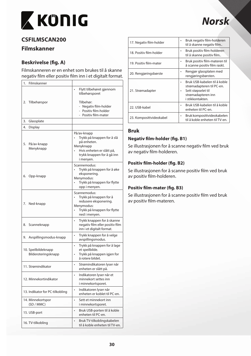 Norsk, Csfilmscan200 filmskanner, Beskrivelse (fig. a) | Bruk | Konig Electronic Film scanner with LCD 5 megapixel User Manual | Page 30 / 84