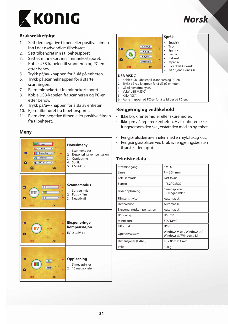 Norsk, Bruksrekkefølge, Meny | Rengjøring og vedlikehold, Tekniske data | Konig Electronic Film scanner with LCD 5 megapixel User Manual | Page 31 / 84