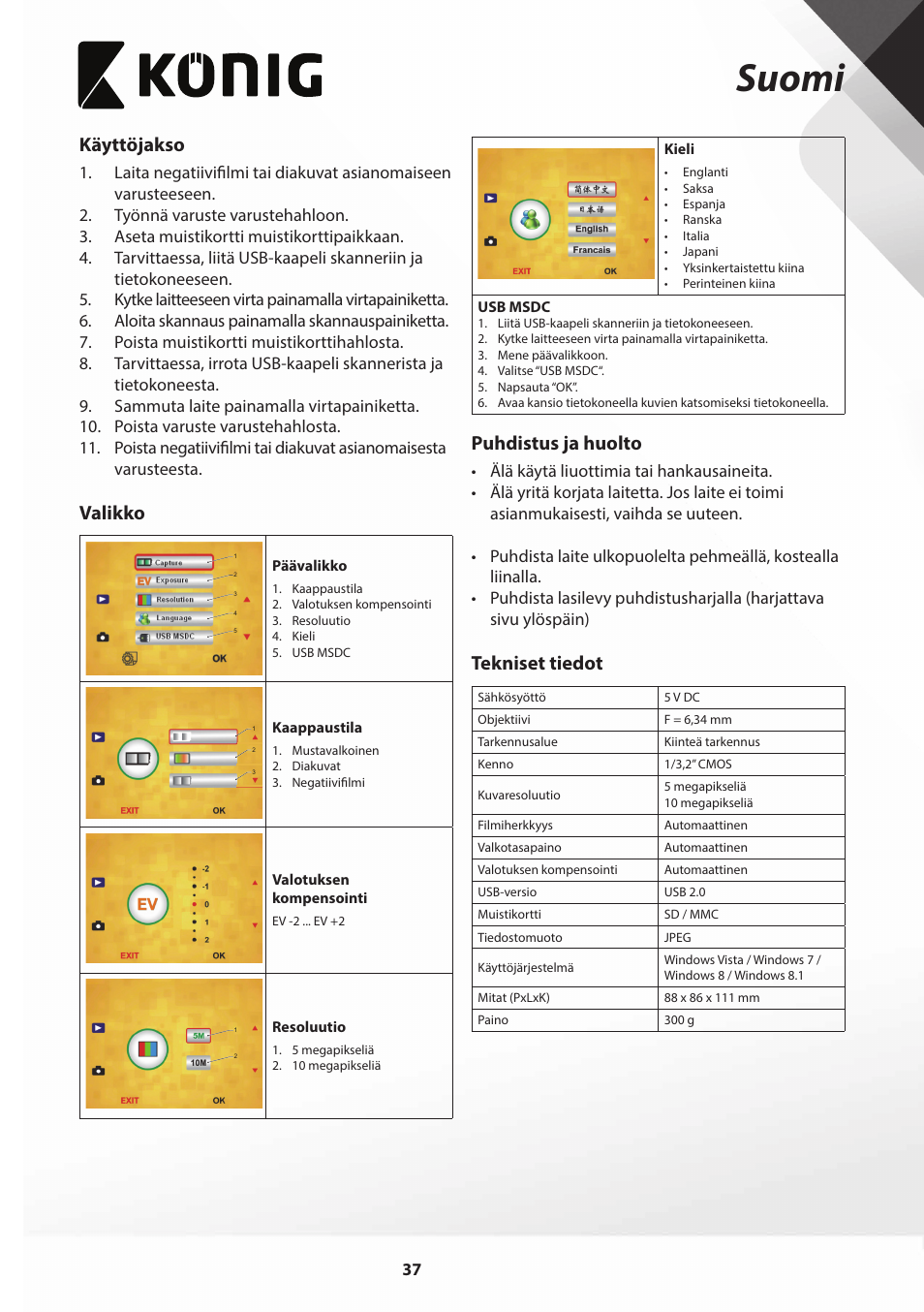 Suomi, Käyttöjakso, Valikko | Puhdistus ja huolto, Tekniset tiedot | Konig Electronic Film scanner with LCD 5 megapixel User Manual | Page 37 / 84