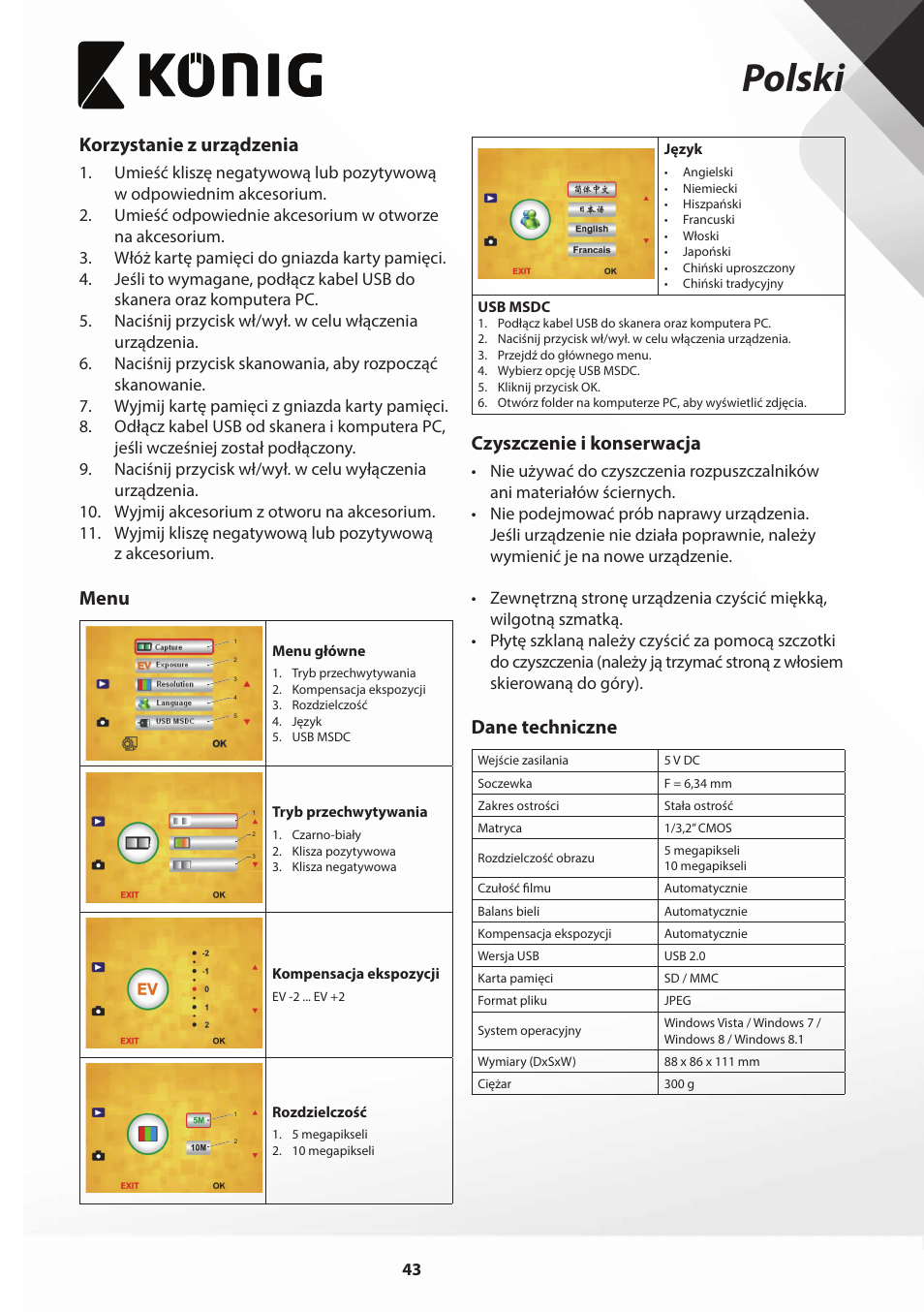 Polski, Korzystanie z urządzenia, Menu | Czyszczenie i konserwacja, Dane techniczne | Konig Electronic Film scanner with LCD 5 megapixel User Manual | Page 43 / 84