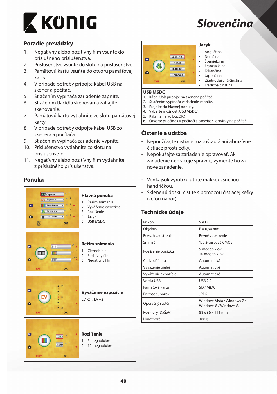 Slovenčina, Poradie prevádzky, Ponuka | Čistenie a údržba, Technické údaje | Konig Electronic Film scanner with LCD 5 megapixel User Manual | Page 49 / 84