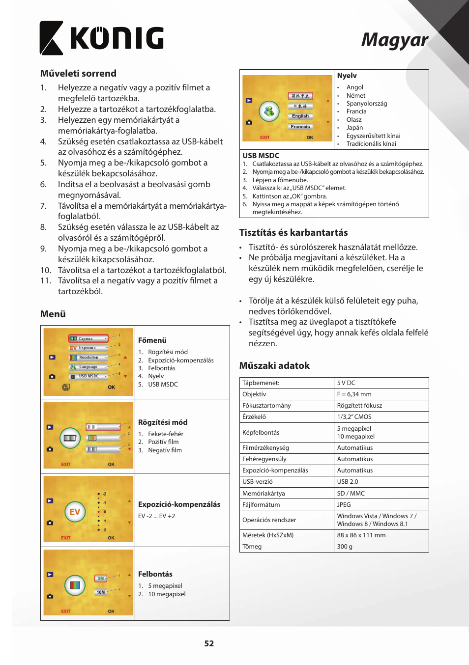 Magyar, Műveleti sorrend, Menü | Tisztítás és karbantartás, Műszaki adatok | Konig Electronic Film scanner with LCD 5 megapixel User Manual | Page 52 / 84
