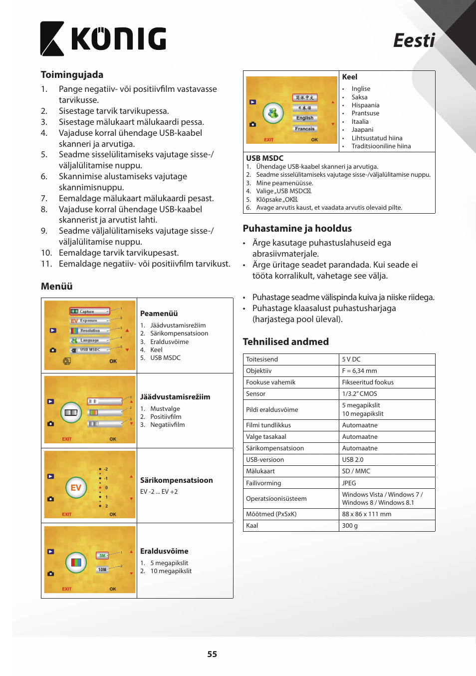 Eesti, Toimingujada, Menüü | Puhastamine ja hooldus, Tehnilised andmed | Konig Electronic Film scanner with LCD 5 megapixel User Manual | Page 55 / 84