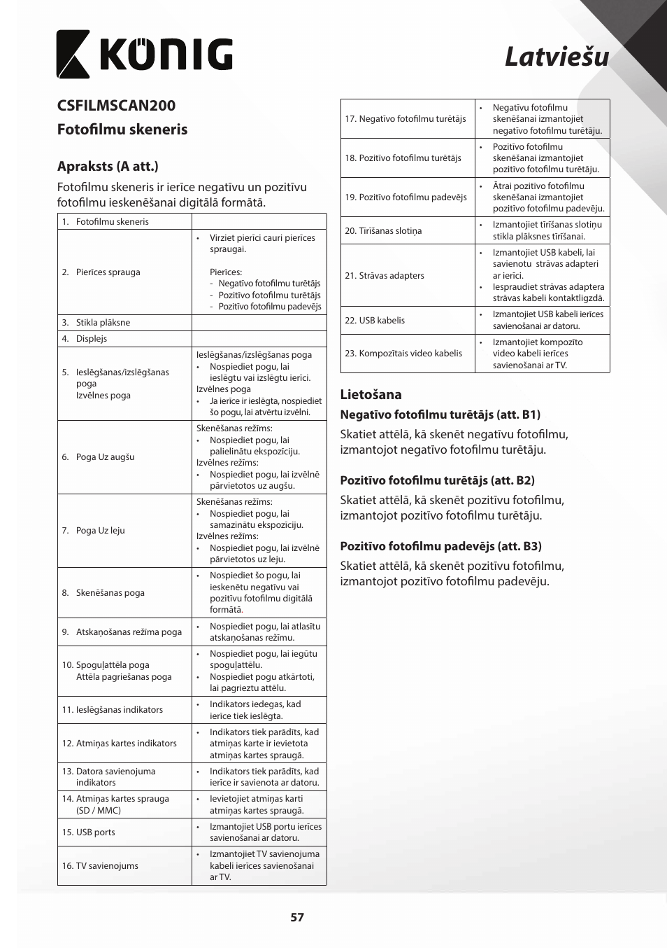 Latviešu, Csfilmscan200 fotofilmu skeneris, Apraksts (a att.) | Lietošana | Konig Electronic Film scanner with LCD 5 megapixel User Manual | Page 57 / 84