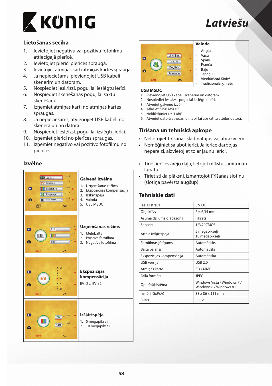 Latviešu, Lietošanas secība, Izvēlne | Tīrīšana un tehniskā apkope, Tehniskie dati | Konig Electronic Film scanner with LCD 5 megapixel User Manual | Page 58 / 84