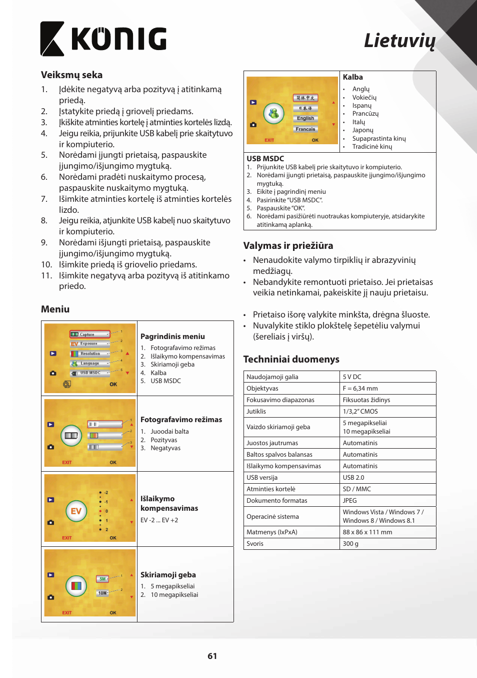 Lietuvių, Veiksmų seka, Meniu | Valymas ir priežiūra, Techniniai duomenys | Konig Electronic Film scanner with LCD 5 megapixel User Manual | Page 61 / 84