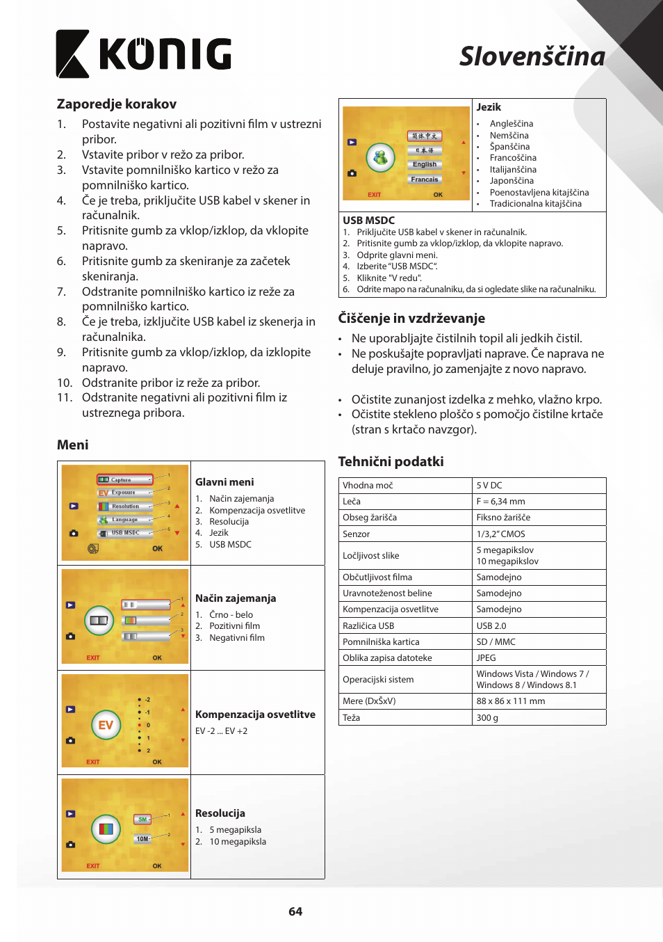 Siovenščina, Zaporedje korakov, Meni | Čiščenje in vzdrževanje, Tehnični podatki | Konig Electronic Film scanner with LCD 5 megapixel User Manual | Page 64 / 84