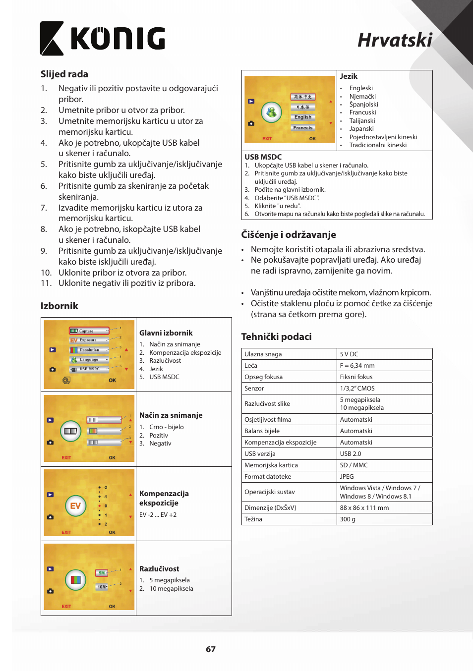 Hrvatski, Slijed rada, Izbornik | Čišćenje i održavanje, Tehnički podaci | Konig Electronic Film scanner with LCD 5 megapixel User Manual | Page 67 / 84