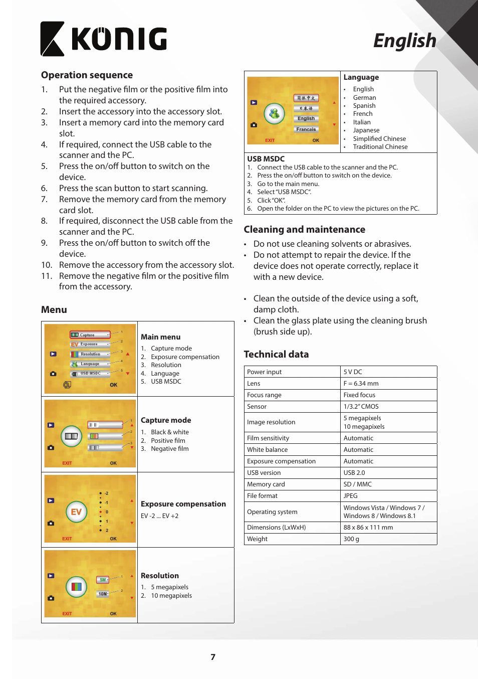 English, Operation sequence, Menu | Cleaning and maintenance, Technical data | Konig Electronic Film scanner with LCD 5 megapixel User Manual | Page 7 / 84