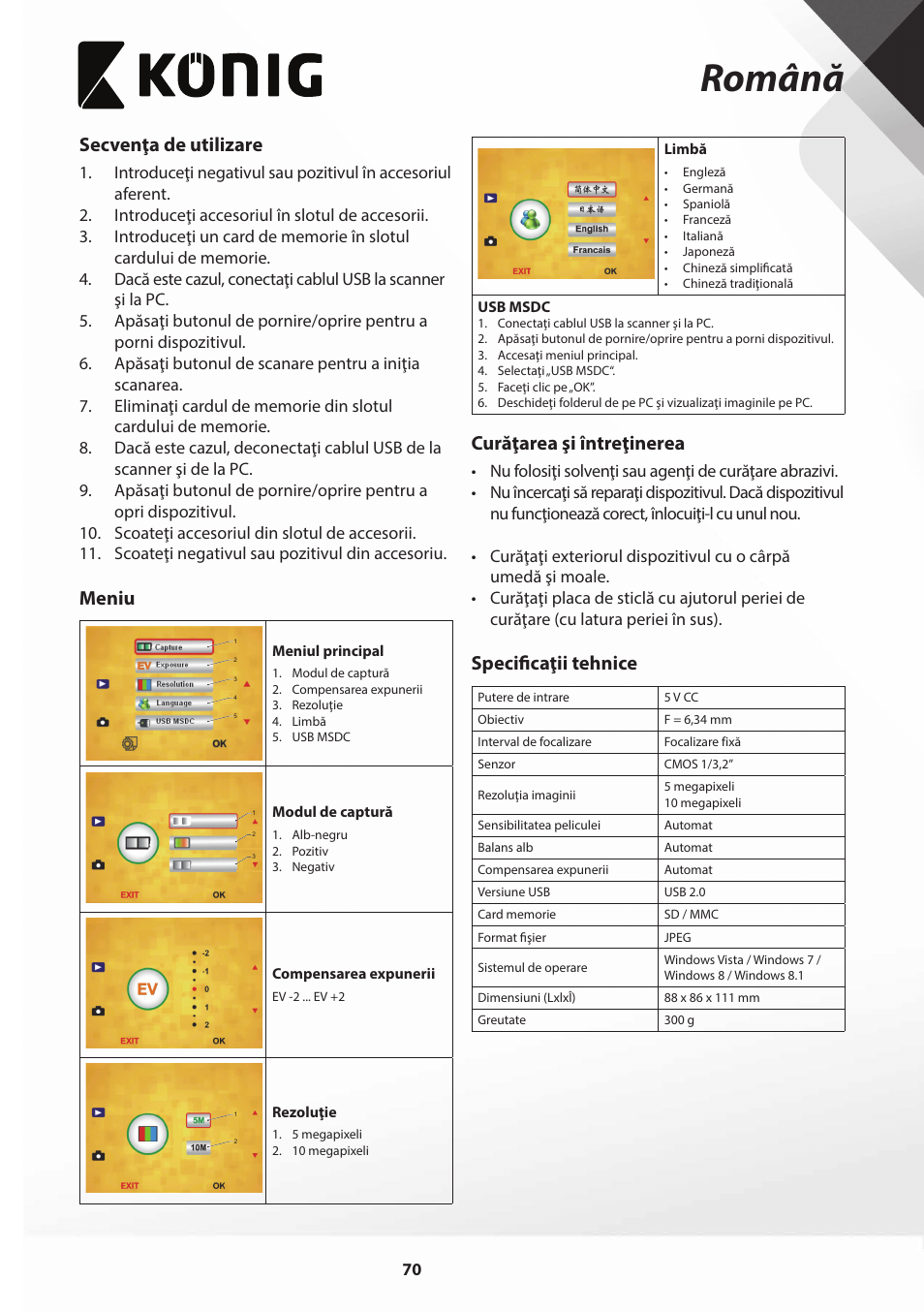 Română, Secvenţa de utilizare, Meniu | Curăţarea şi întreţinerea, Specificaţii tehnice | Konig Electronic Film scanner with LCD 5 megapixel User Manual | Page 70 / 84