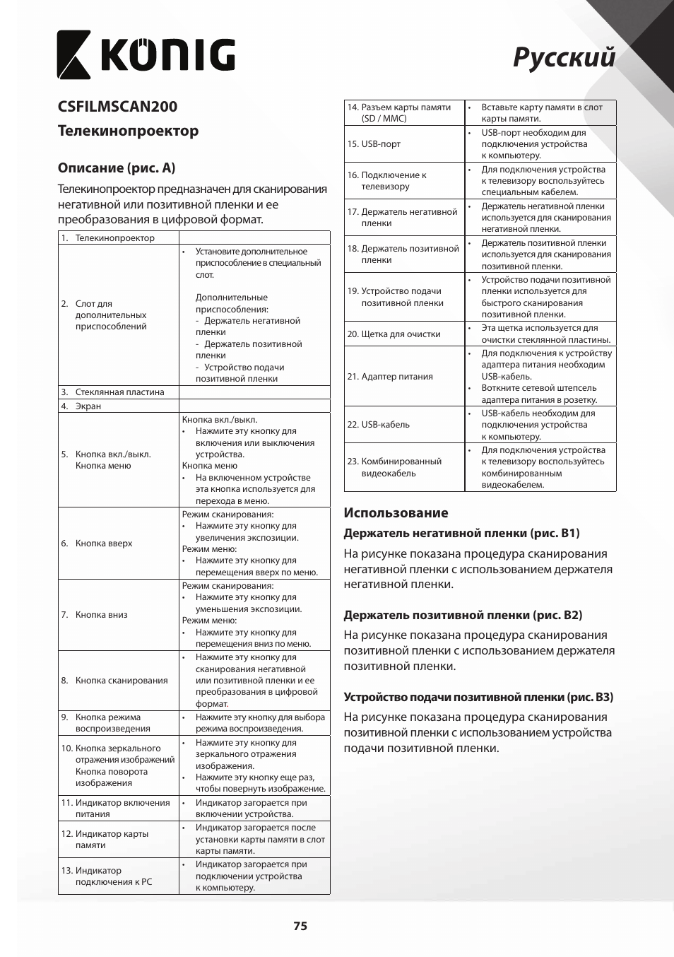 Русский, Csfilmscan200 телекинопроектор, Описание (рис. a) | Использование | Konig Electronic Film scanner with LCD 5 megapixel User Manual | Page 75 / 84