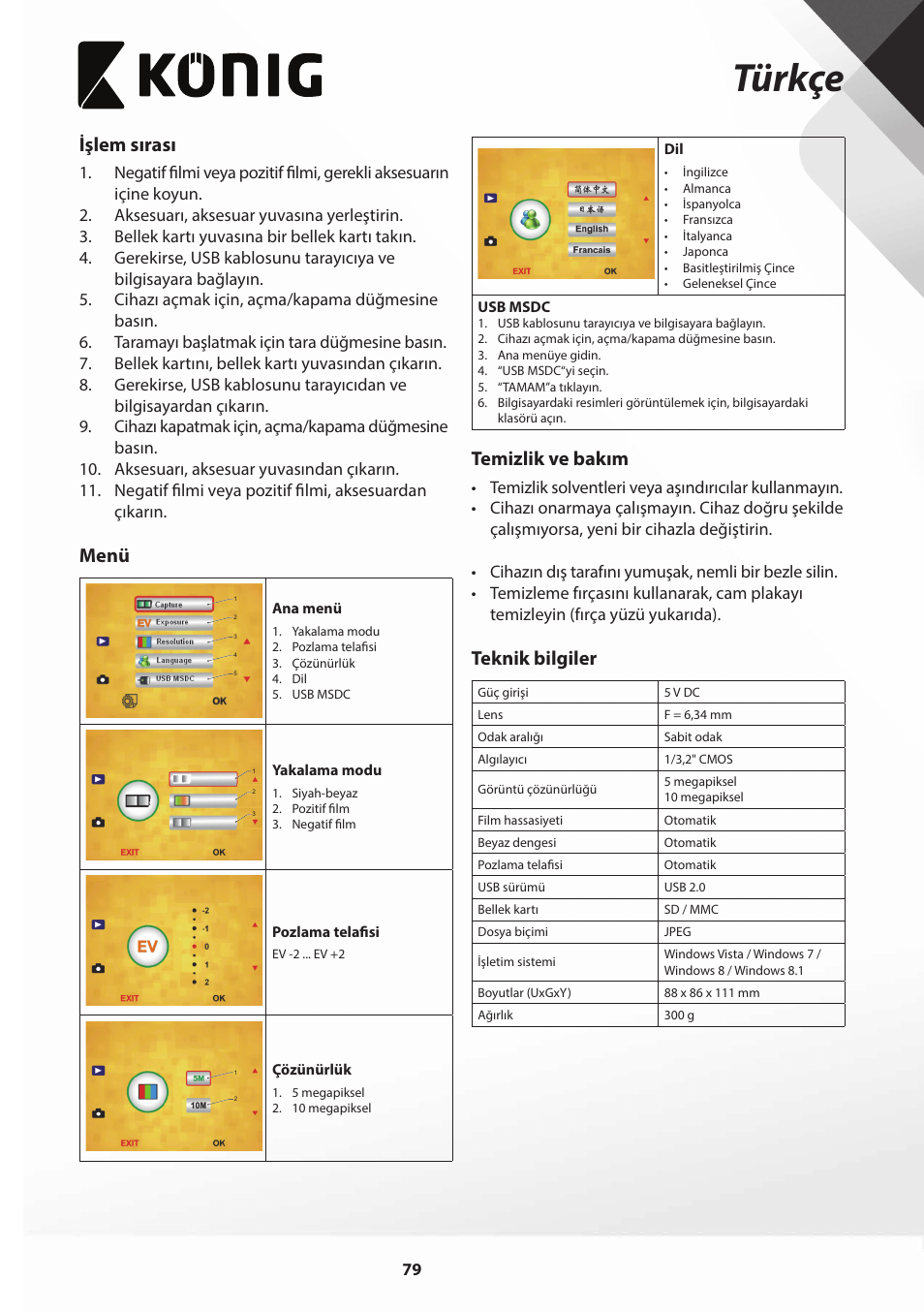 Türkçe, Işlem sırası, Menü | Temizlik ve bakım, Teknik bilgiler | Konig Electronic Film scanner with LCD 5 megapixel User Manual | Page 79 / 84