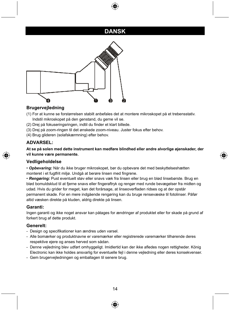 Dansk | Konig Electronic Zoom spotting scope User Manual | Page 14 / 15