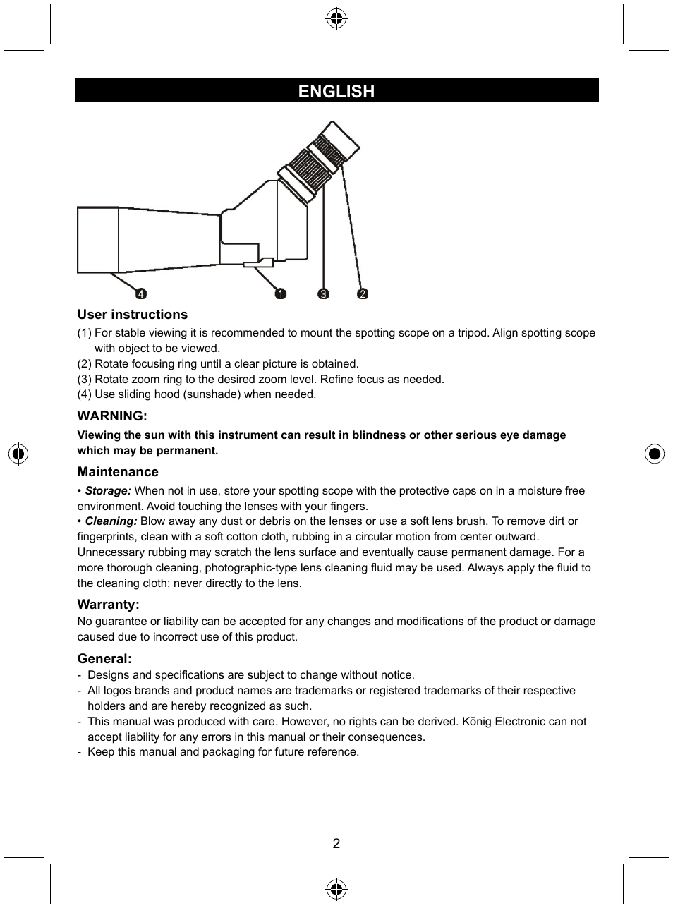 English | Konig Electronic Zoom spotting scope User Manual | Page 2 / 15