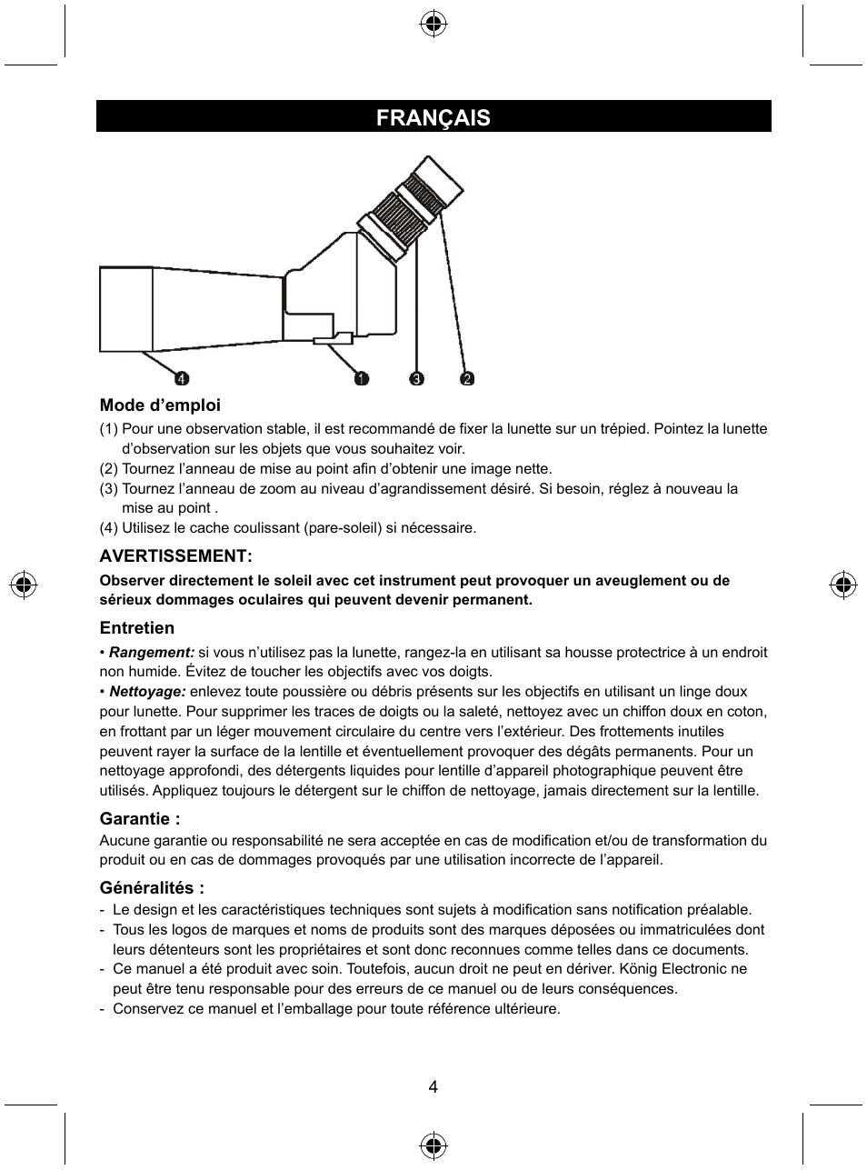 Français | Konig Electronic Zoom spotting scope User Manual | Page 4 / 15