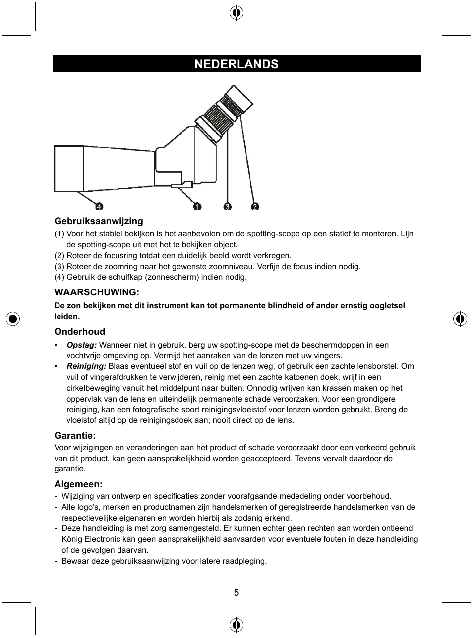 Nederlands | Konig Electronic Zoom spotting scope User Manual | Page 5 / 15