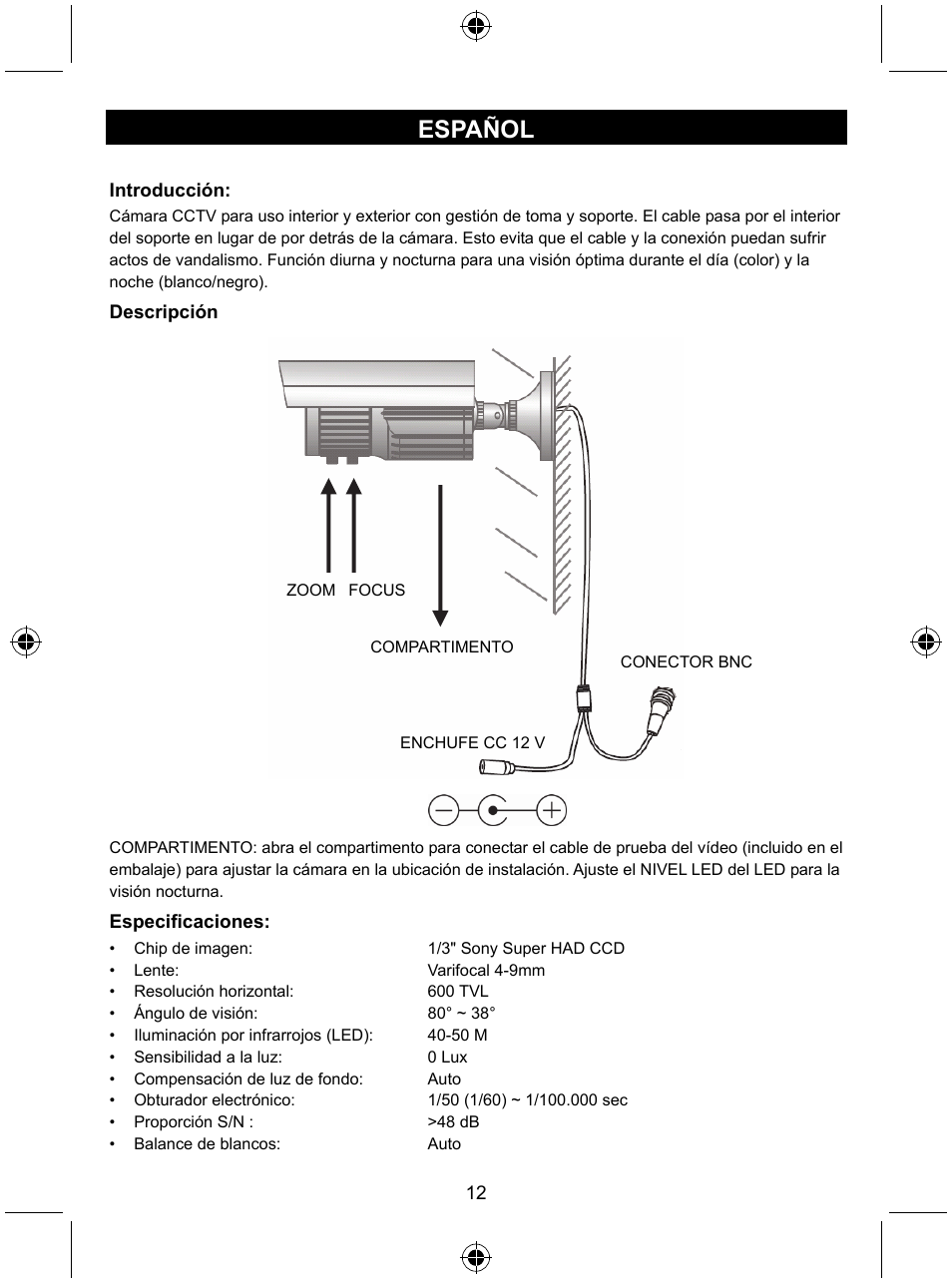Español | Konig Electronic High resolution CCTV camera with varifocal lens User Manual | Page 12 / 35