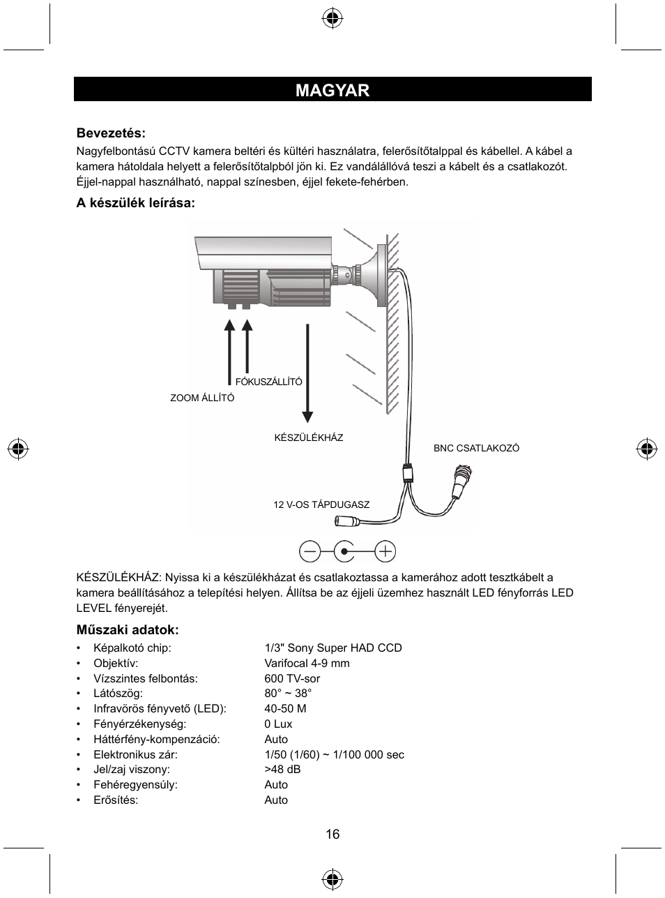 Magyar | Konig Electronic High resolution CCTV camera with varifocal lens User Manual | Page 16 / 35