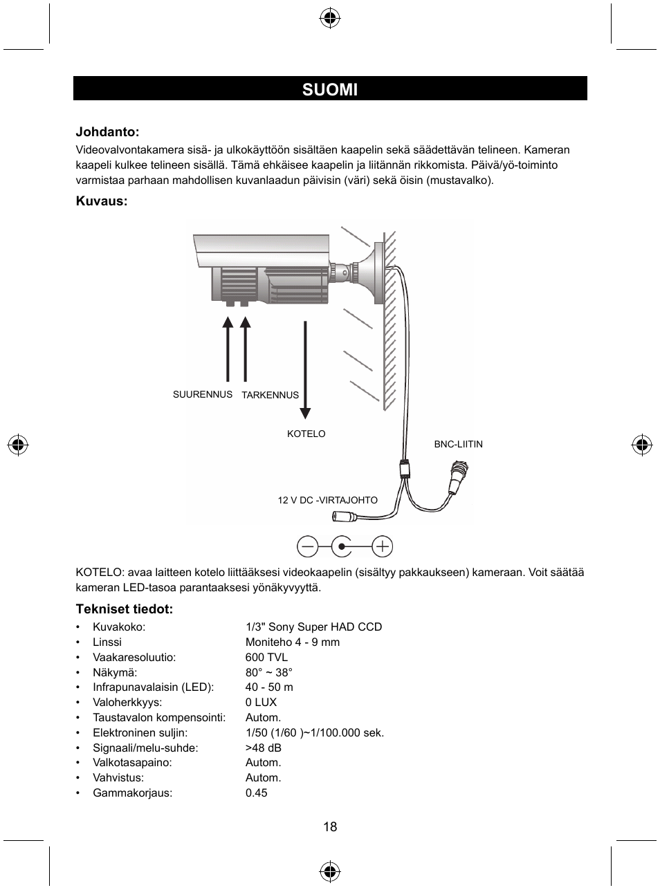 Suomi | Konig Electronic High resolution CCTV camera with varifocal lens User Manual | Page 18 / 35