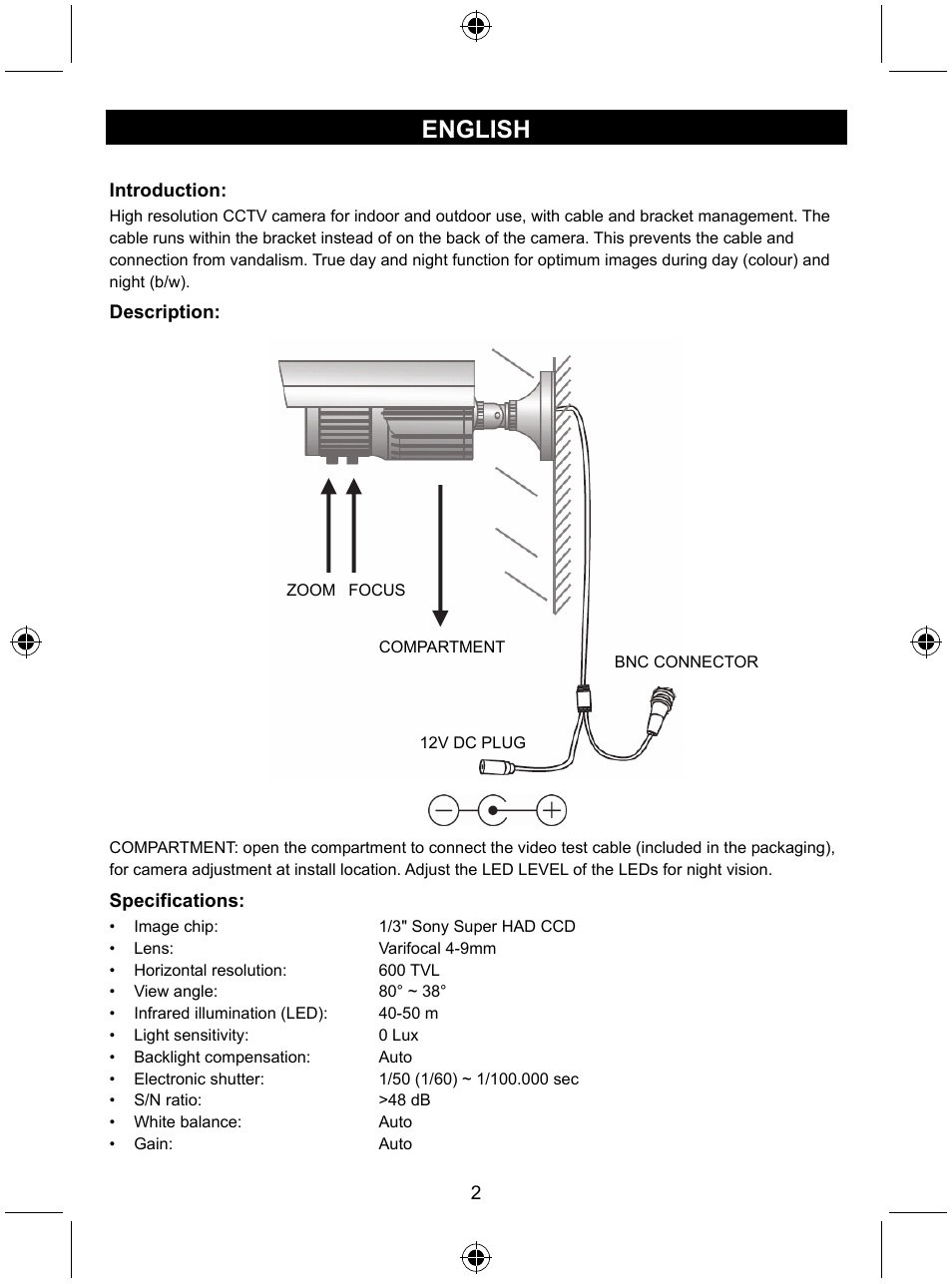 English | Konig Electronic High resolution CCTV camera with varifocal lens User Manual | Page 2 / 35