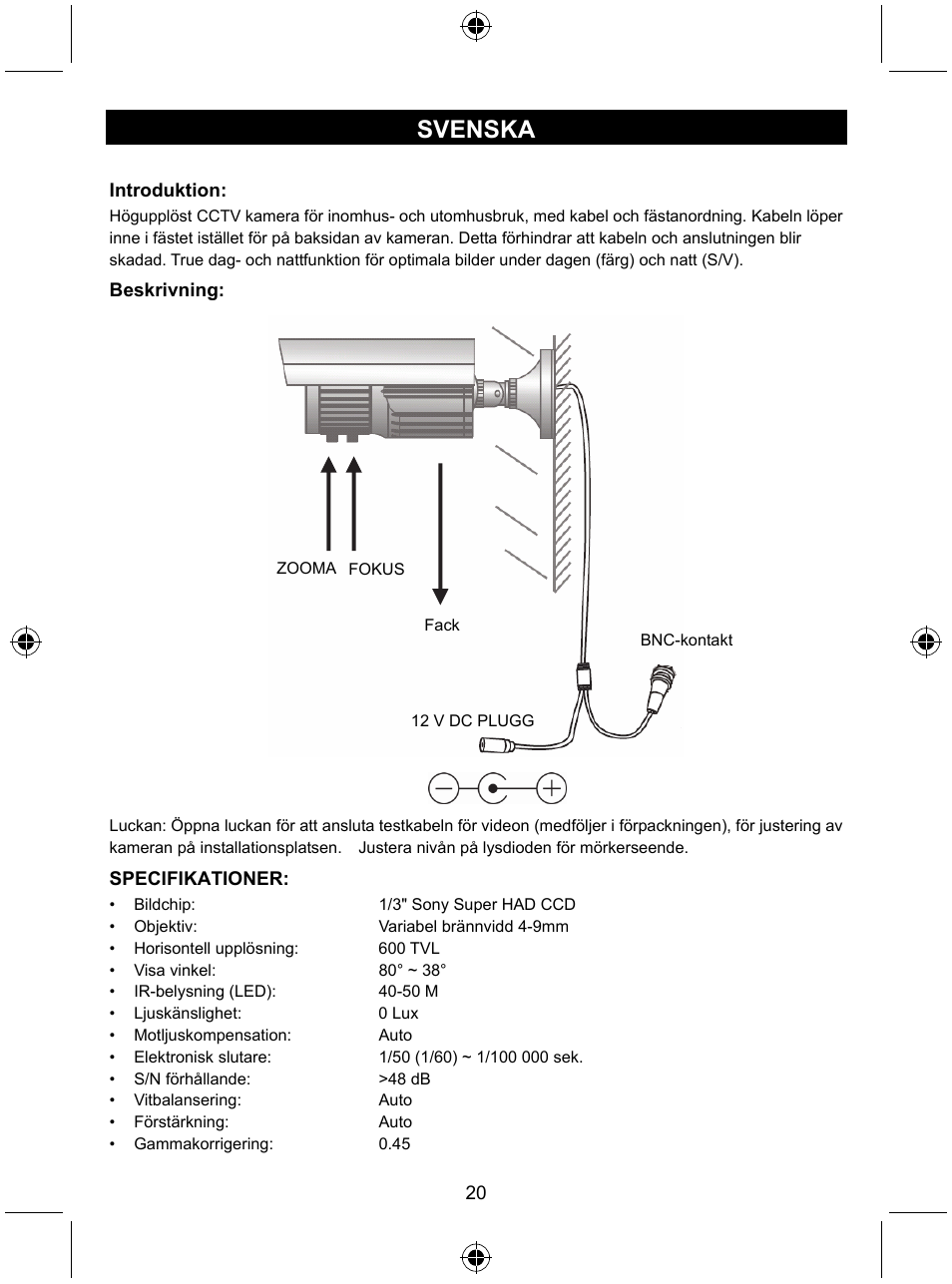 Svenska | Konig Electronic High resolution CCTV camera with varifocal lens User Manual | Page 20 / 35