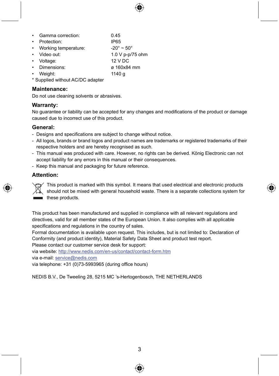 Konig Electronic High resolution CCTV camera with varifocal lens User Manual | Page 3 / 35