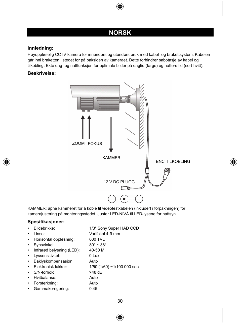 Norsk | Konig Electronic High resolution CCTV camera with varifocal lens User Manual | Page 30 / 35