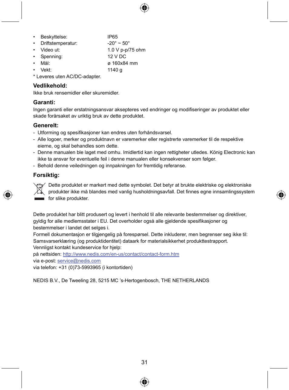 Konig Electronic High resolution CCTV camera with varifocal lens User Manual | Page 31 / 35
