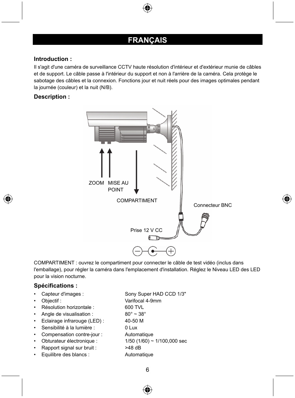 Français | Konig Electronic High resolution CCTV camera with varifocal lens User Manual | Page 6 / 35
