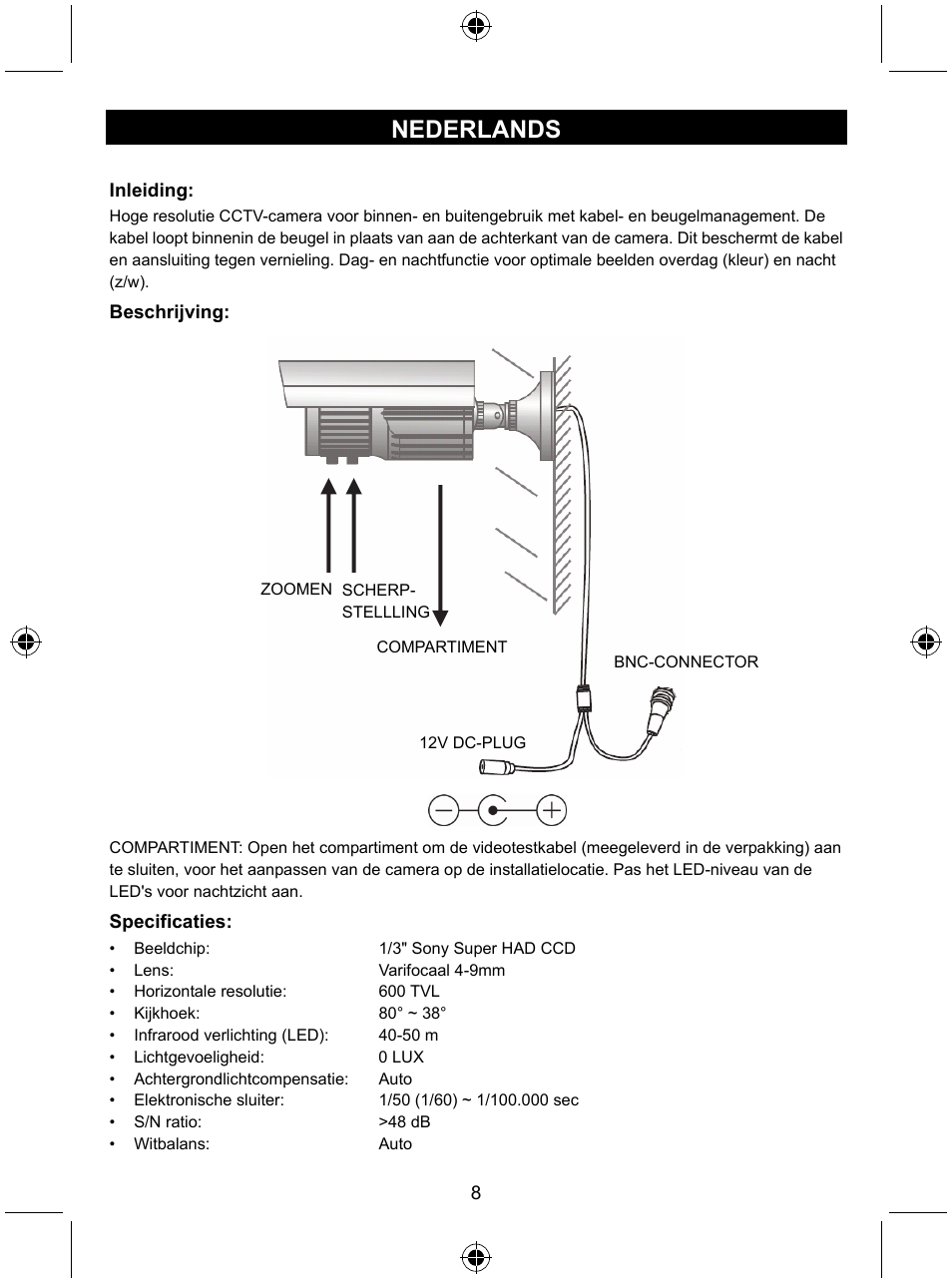 Nederlands | Konig Electronic High resolution CCTV camera with varifocal lens User Manual | Page 8 / 35