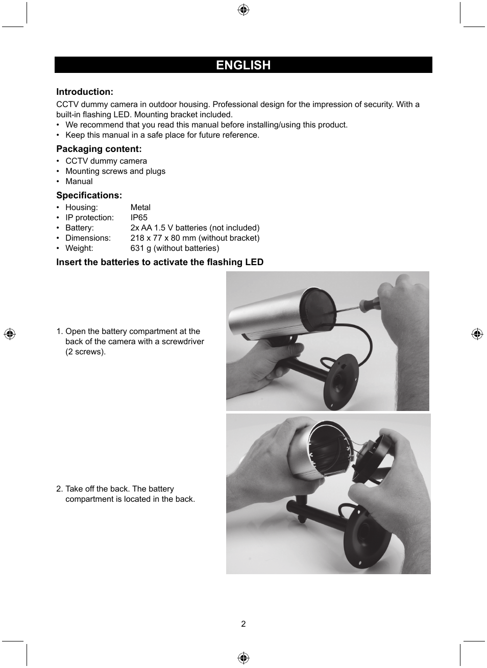 English | Konig Electronic Dummy outdoor camera User Manual | Page 2 / 41