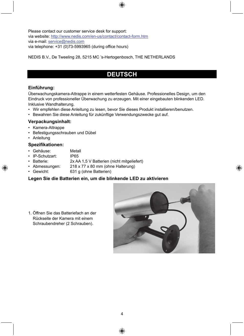 Deutsch | Konig Electronic Dummy outdoor camera User Manual | Page 4 / 41