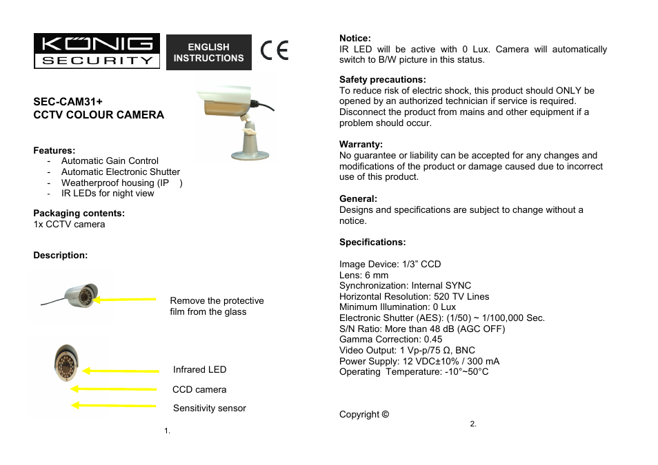 Konig Electronic Weatherproof camera with IR LED User Manual | 10 pages