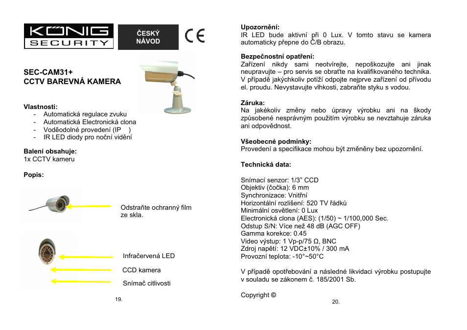 Český, Návod | Konig Electronic Weatherproof camera with IR LED User Manual | Page 10 / 10