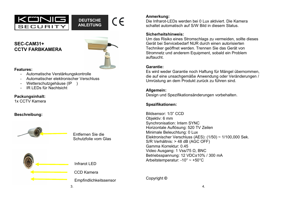 Deutsche, Anleitung | Konig Electronic Weatherproof camera with IR LED User Manual | Page 2 / 10