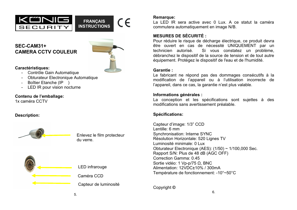 Français, Instructions | Konig Electronic Weatherproof camera with IR LED User Manual | Page 3 / 10