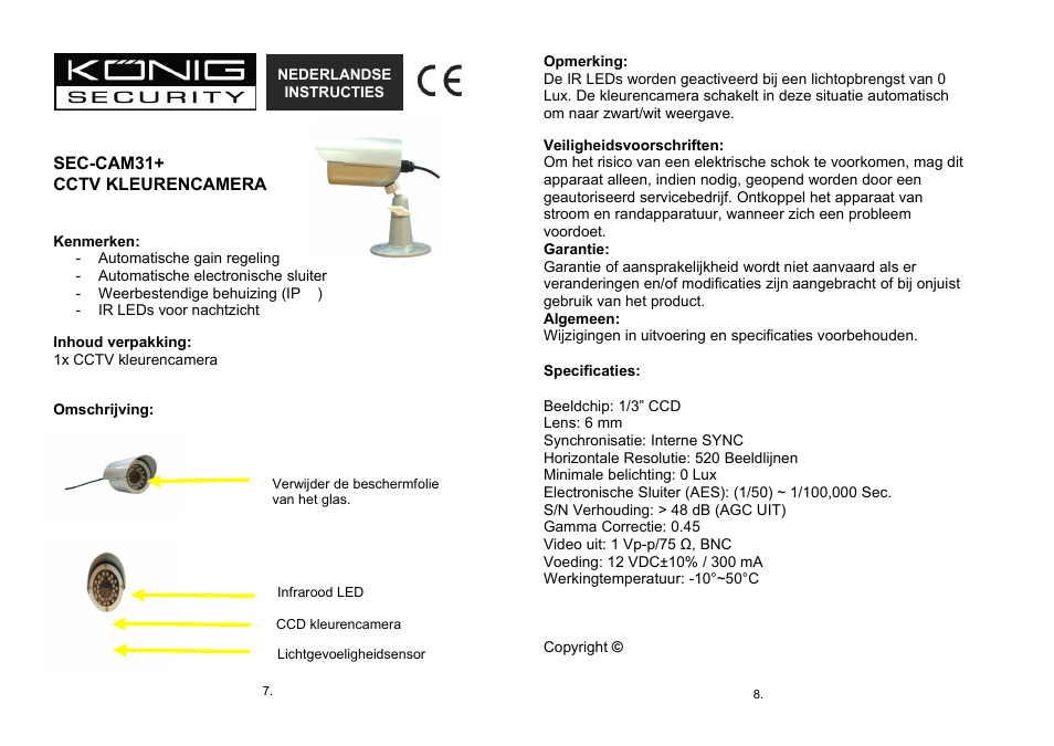 Nederlandse, Instructies | Konig Electronic Weatherproof camera with IR LED User Manual | Page 4 / 10