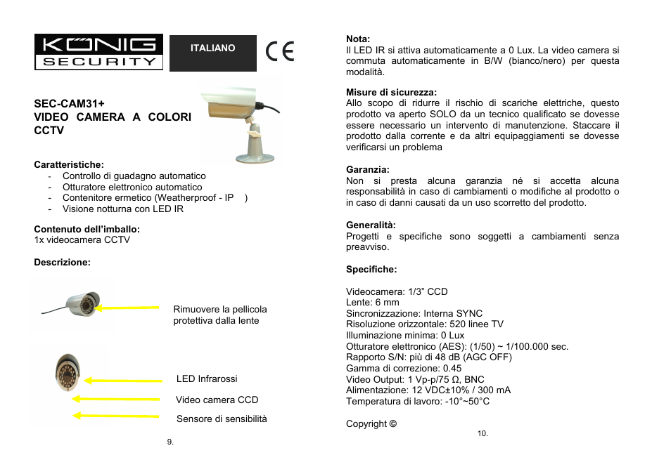 Italiano | Konig Electronic Weatherproof camera with IR LED User Manual | Page 5 / 10