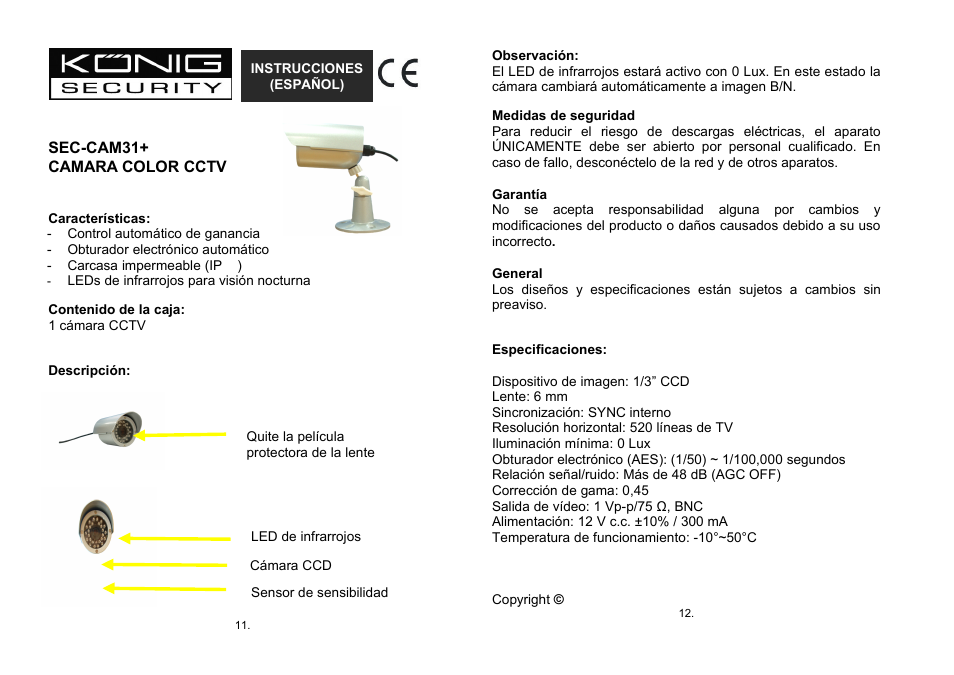 Instrucciones, Español) | Konig Electronic Weatherproof camera with IR LED User Manual | Page 6 / 10