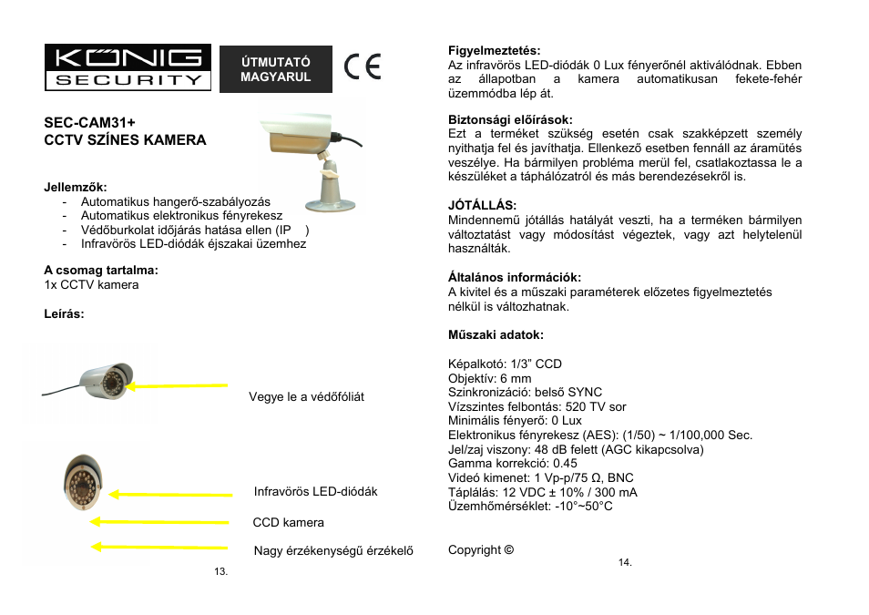 Útmutató, Magyarul | Konig Electronic Weatherproof camera with IR LED User Manual | Page 7 / 10